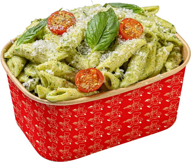 Le Pesto : penne au pesto de basilic, tomates cerises, feuilles de basilic et parmesan râpé, dans le bol rouge Le Pastaman.